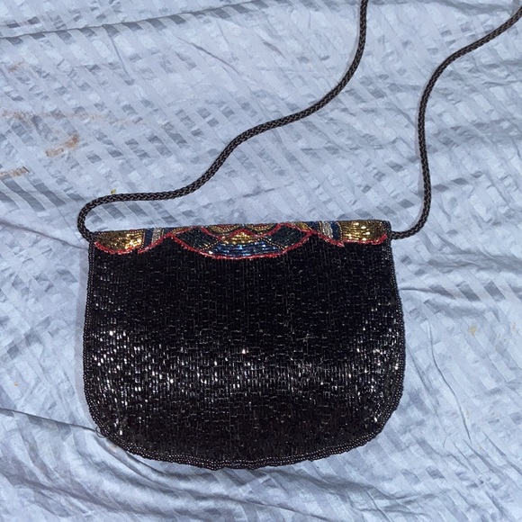 EUC Hand Beaded Clutch Purse Evening Bag Cocktail Black & red - Picture 5 of 12